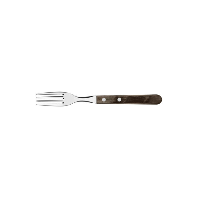 Stainless steel table fork with dark brown handle and four tines