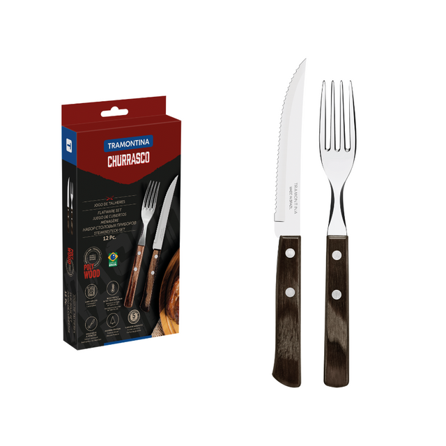 Tramontina churrasco tableware set: stainless steel fork and knife with wood handles