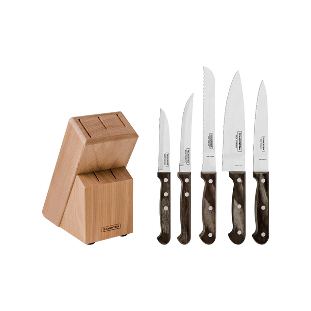 Wood knife block with stainless knives and dark wooden handles, set of assorted blades