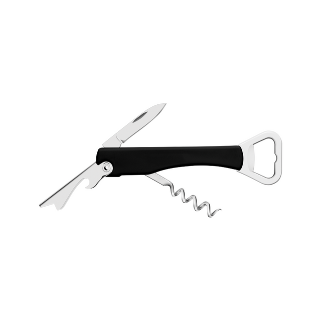 Corkscrew bottle opener with pocket knife blades, black handle and white grip