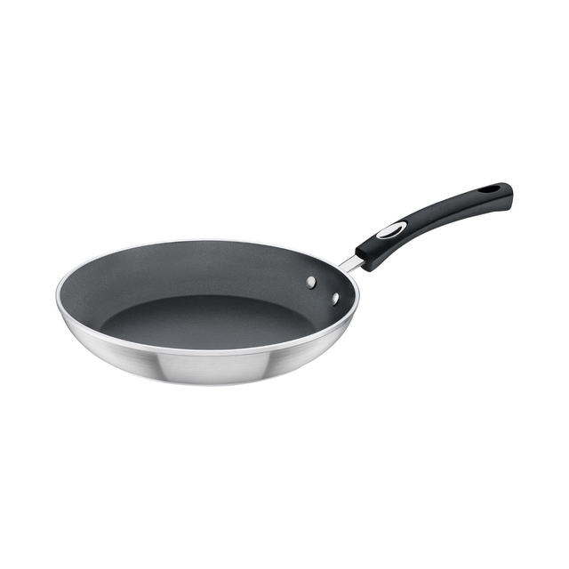 Non-stick frying pan with dark interior, silver body, and black handle