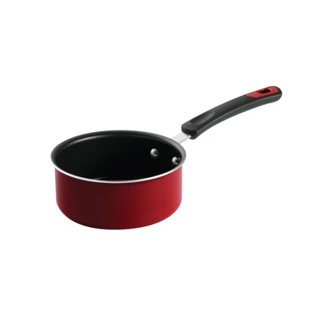 15 cm red sauce pan with black interior and black handle