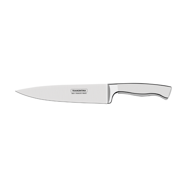 8 in stainless steel chef knife with silver handle and curved guard