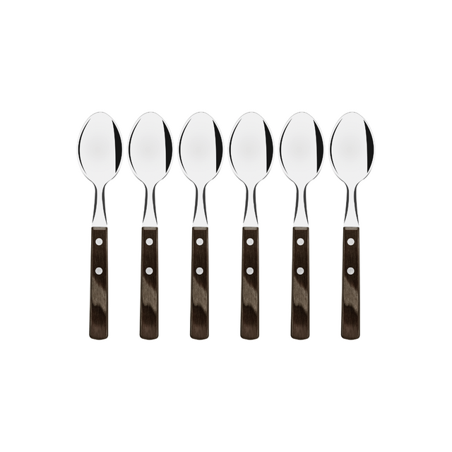 Set of 6 stainless steel tea spoons with brown handles, side-by-side