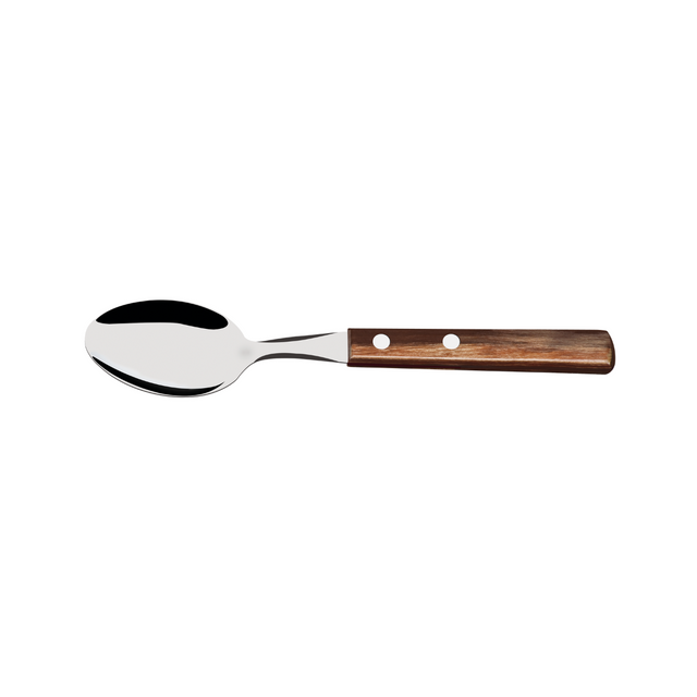 Stainless steel table spoon with brown wooden handle, side view