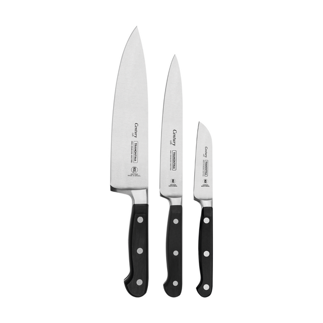 3-piece stainless steel knife set with black handles and rivets