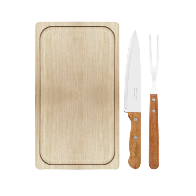 3-piece barbecue set with wooden-handled stainless utensils on a wooden tray