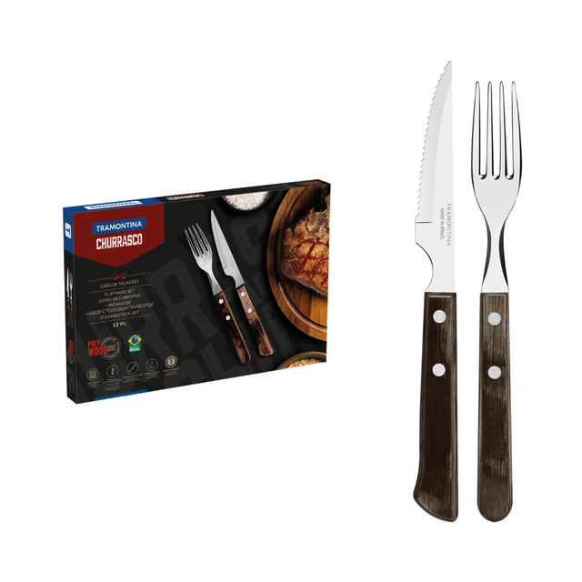 Polywood-handled stainless steel fork and knife set, brown handles, 2-piece view