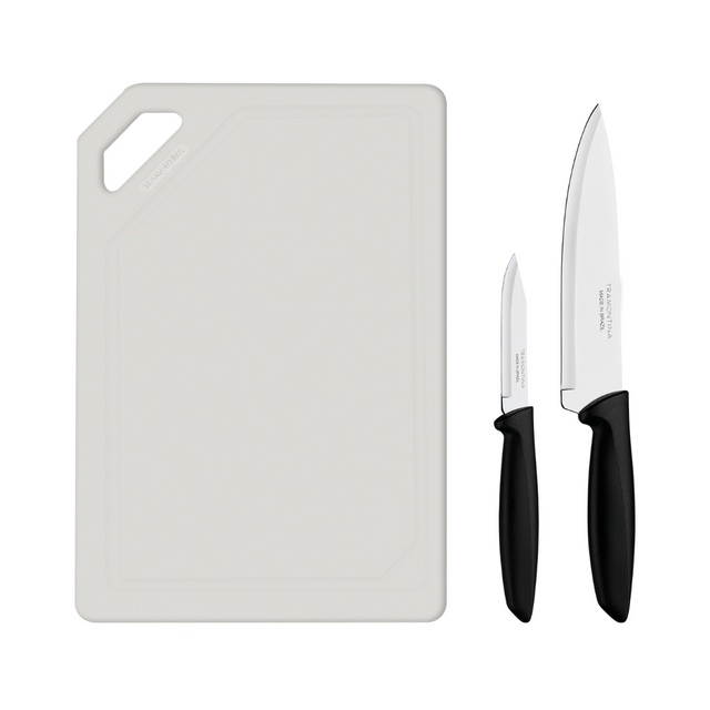 Meat and vegetable knife set with light cutting board and two black-handled knives