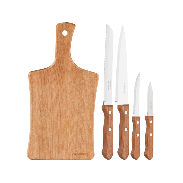 Stainless steel knife set with brown wood handles and cutting board