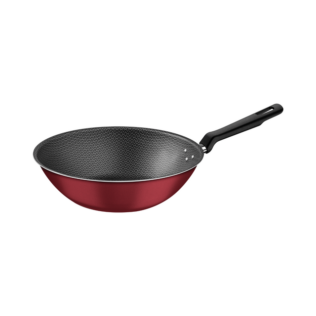 Red non-stick Chinese wok with black handle, 28 cm
