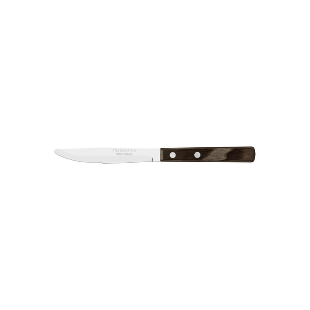 Stainless table knife with dark wood handle and two rivets