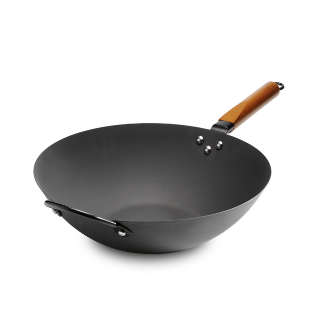 Carbon steel wok with wooden handle, black interior