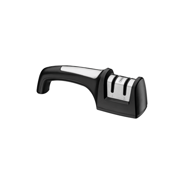 Double-sided knife sharpener with black handle and silver sharpening slots