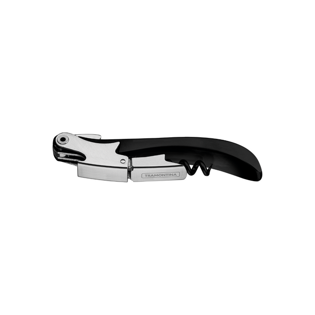 Two-step corkscrew with bottle opener, black and silver metal handle