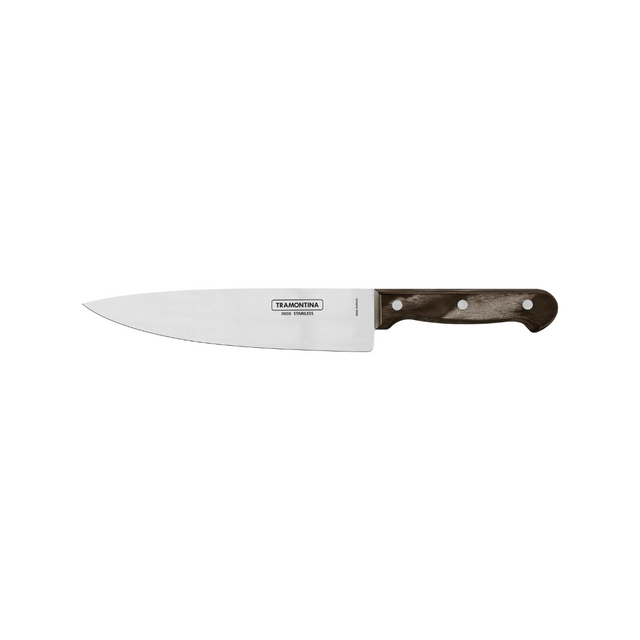 Tramontina 8 in chef knife with stainless steel blade and dark wood-look handle