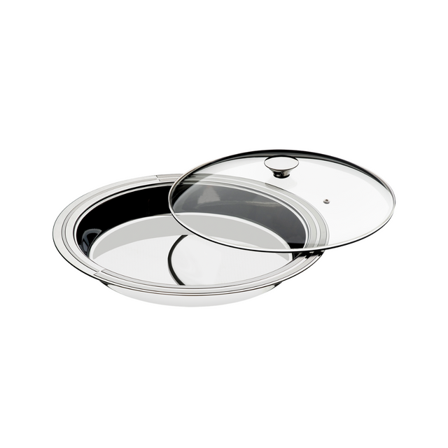 Stainless steel deep serving dish with glass lid, round shape, mirror finish