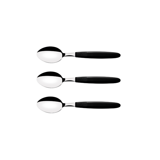 Set of 3 stainless steel tea spoons with black handles, oval polished bowls