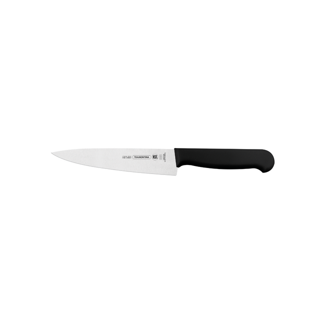 Stainless steel kitchen knife with black handle, 6-inch blade profile.