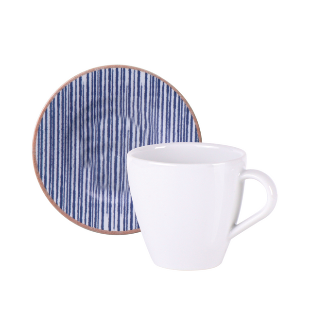 Porcelain tea saucer with blue vertical stripe pattern and brown rim edge.