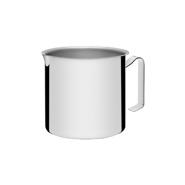 Stainless steel milk pot with curved spout and side handle, 14 cm