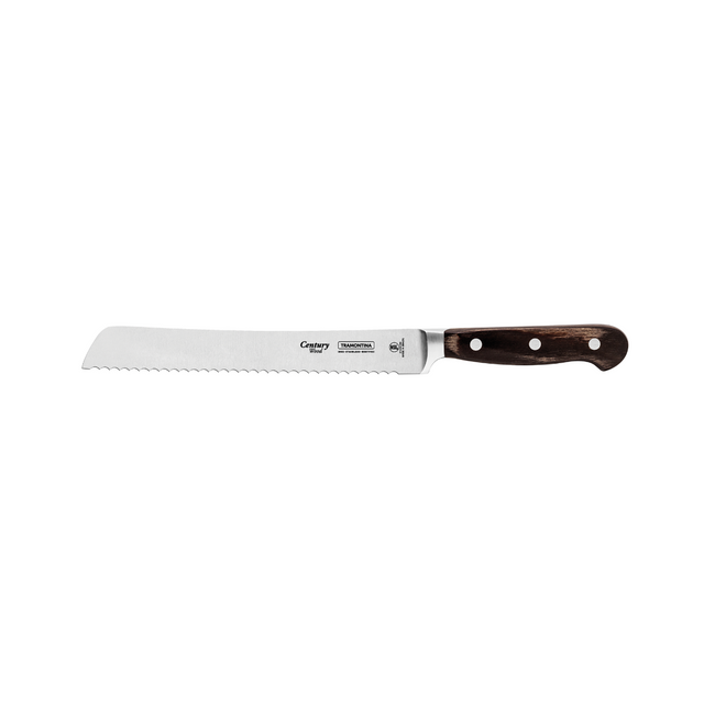 8 in bread knife with stainless serrated blade and dark wood handle