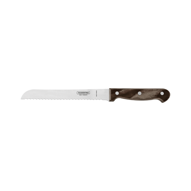 7-inch serrated bread knife with stainless steel blade and dark brown handle.