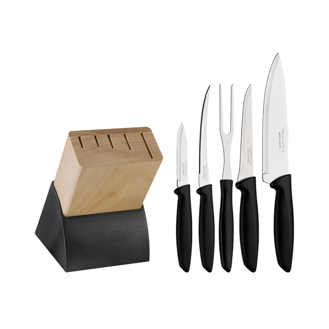 6-piece stainless steel knife set with black handles in wooden block