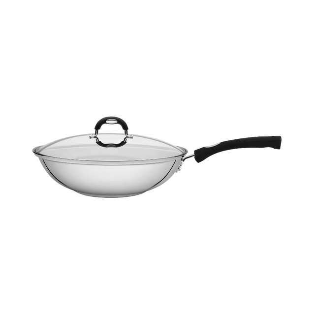28cm stainless steel wok with glass lid and black silicone handles