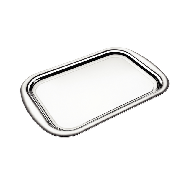 Rectangular stainless steel serving tray with rounded corners, shiny silver finish.