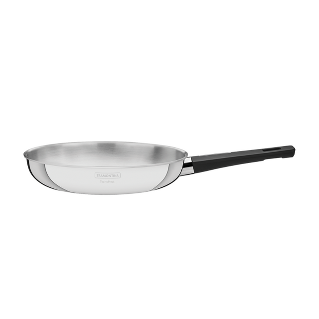Stainless steel induction frying pan with black bakelite handle, silver nonstick interior