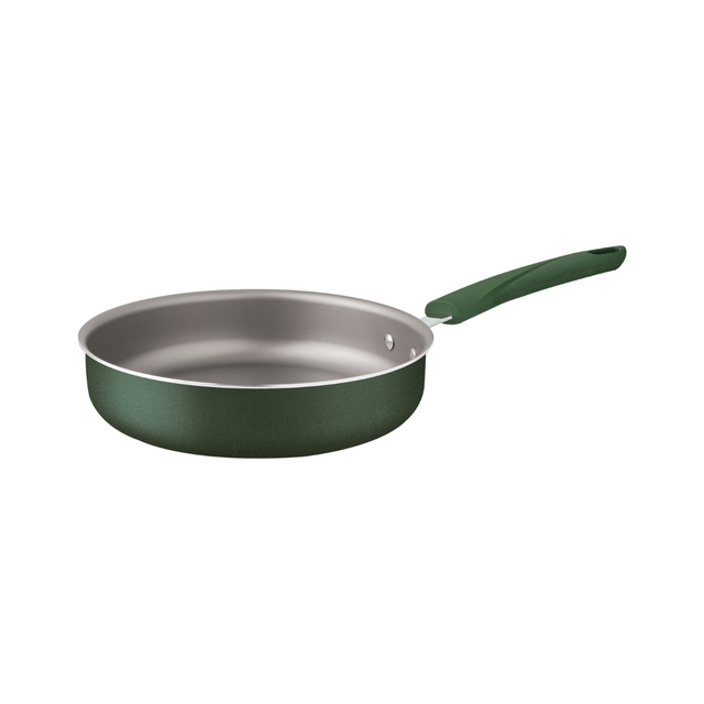 Dark green non-stick deep frying pan with silver interior and green handle