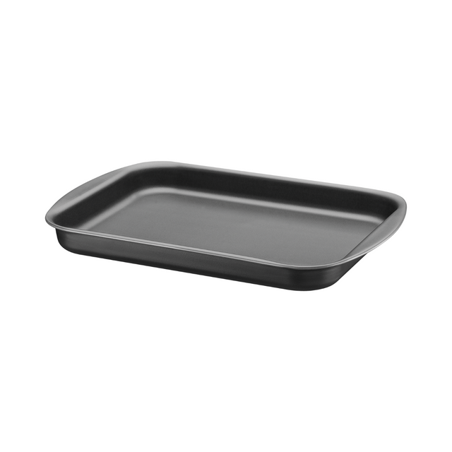 Black non-stick flat roasting pan, 28 cm; rectangular with rounded corners.