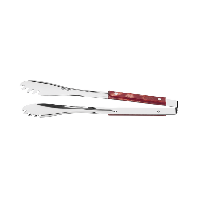 Tramontina stainless steel meat tong with red-brown handle and scalloped tips, open