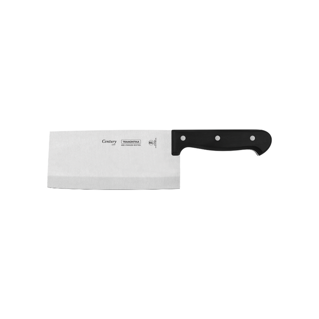 Stainless steel cleaver with black handle, 7-inch blade and branding on blade