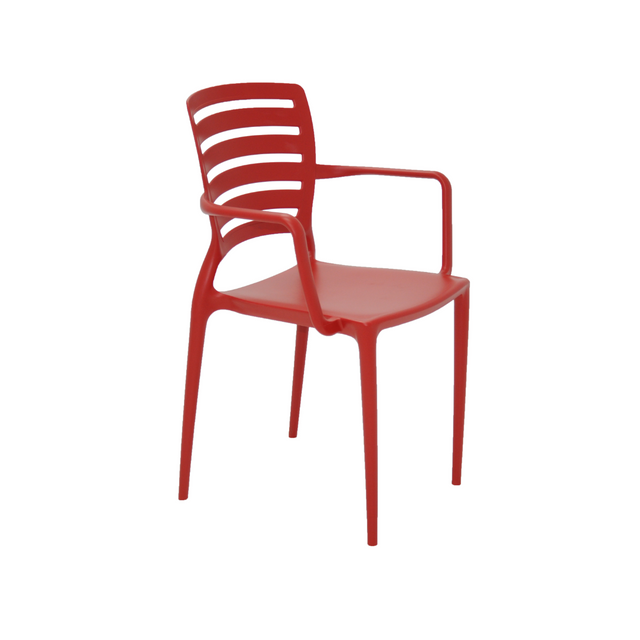 Red armchair with horizontal slat backrest and armrests