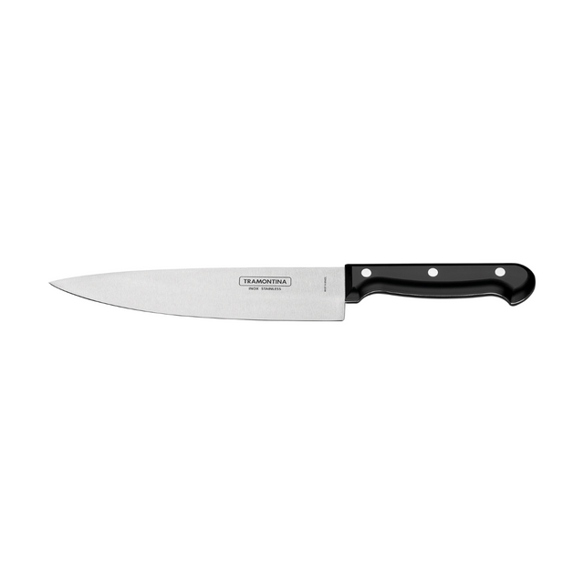 8-inch stainless chef knife with black handle and straight blade