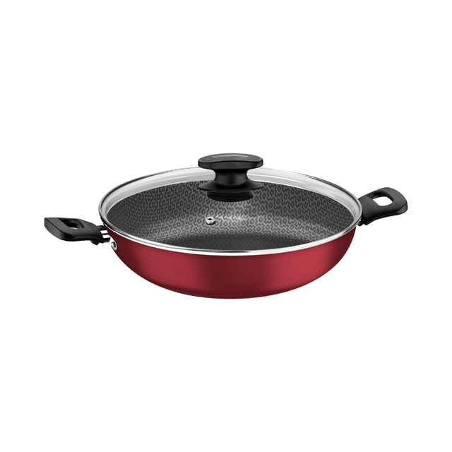 28cm non-stick wok with red exterior and glass lid, black handles and knob