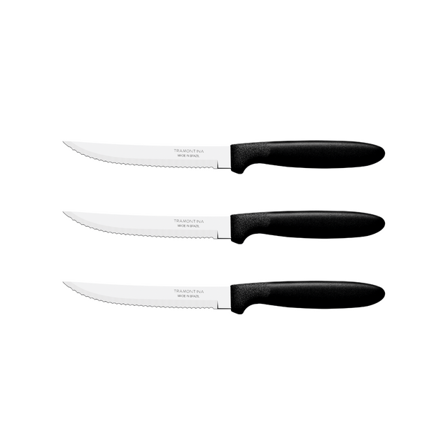 Set of 3 stainless steak knives with black handles and serrated blades