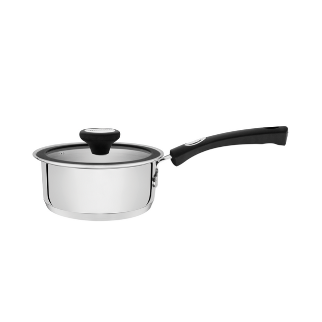 Tramontina 16cm stainless steel sauce pan with glass lid and black silicone handle