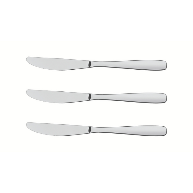 Set of three stainless table knives with smooth silver handles
