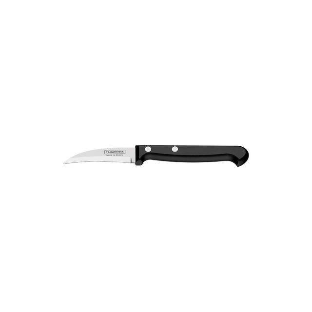 Stainless peeling knife with black handle and two rivets, short blade