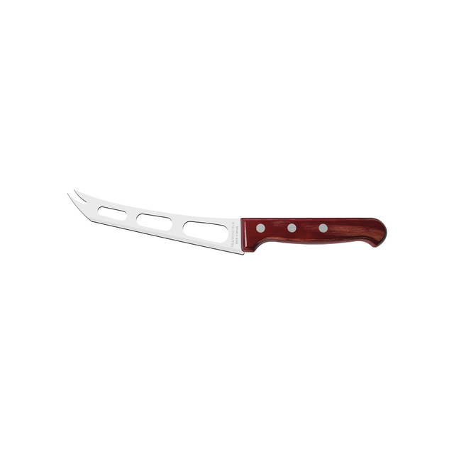 6-inch cheese knife with stainless-steel blade and dark red-brown handle with holes