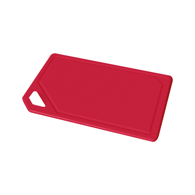 Red chopping board with built-in hand grip on side