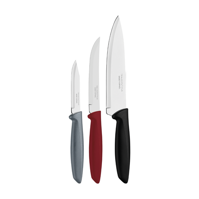 3-piece stainless steel knife set with gray, red, and black handles