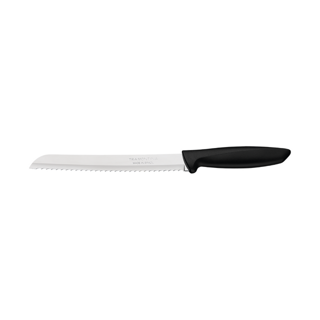 8-inch stainless bread knife with black handle and serrated blade