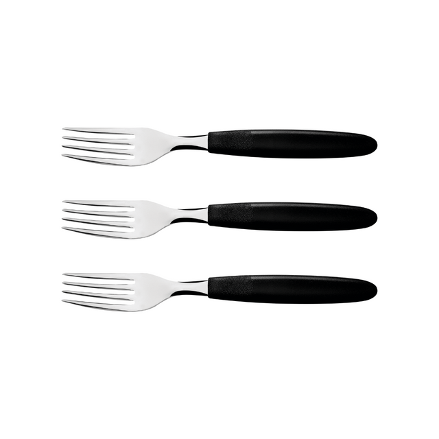 Tramontina stainless table fork set of 3 with black handles, 4-tine design
