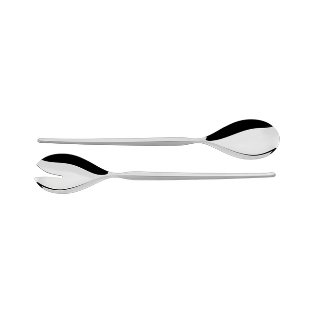 Stainless steel salad set with two serving spoons, curved handles, dark scoops.