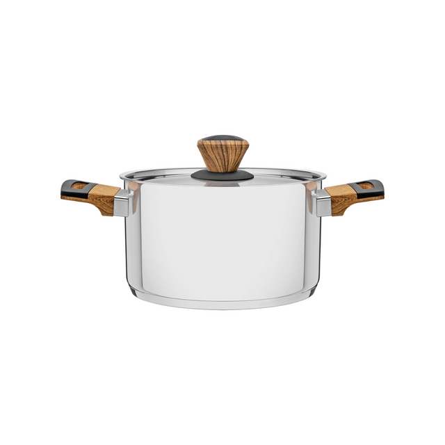 Stainless steel deep casserole with glass lid and wooden handle grips