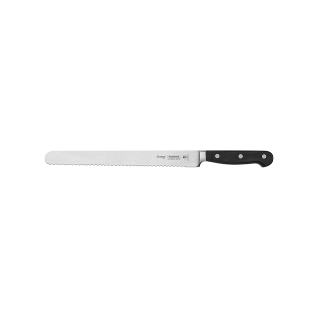 Tramontina Century bread knife with serrated stainless blade and black handle.